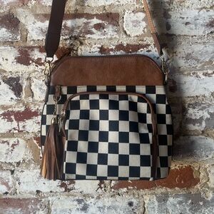 NWT Brown and Black Check Crossbody Bag with Tassel